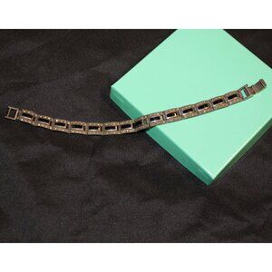 Vtg 925 Art Deco Style Marcasite Link Bracelet with Black Onyx Approx 6.75"